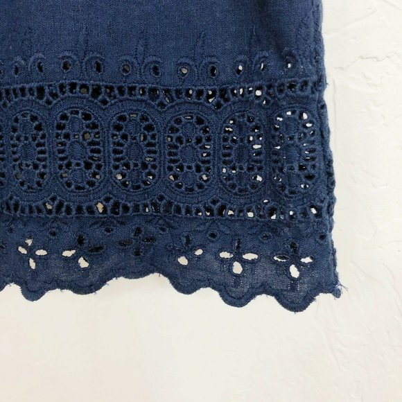 ASO Alexis Rose Schitts Creek -ASOS Navy Blue Off The Shoulder Eyelet Trim Dress - Picture 4 of 7